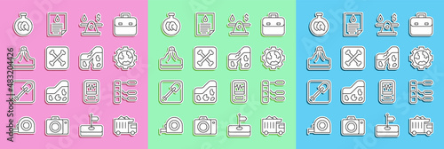 Set line Mining dump truck, Soil analysis, Gear wheels and earth, Oil money, Archeology, Volcano, Exhibition with minerals, rocks and Geological fault icon. Vector