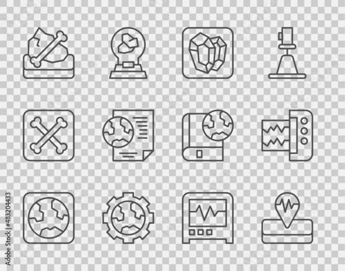 Set line Earth globe, Earthquake, Gem stone, Gear wheels and earth, Archeology, with document, Seismograph and icon. Vector