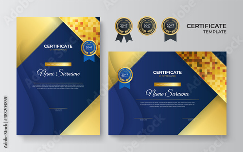 Modern blue certificate template and border, for award, diploma, and printing. Professional golden blue certificate design template