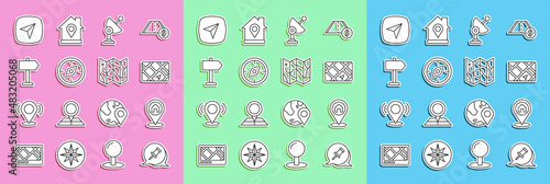 Set line Push pin, Location with house, Gps device map, Radar, Compass, Road traffic sign, City navigation and Folded icon. Vector