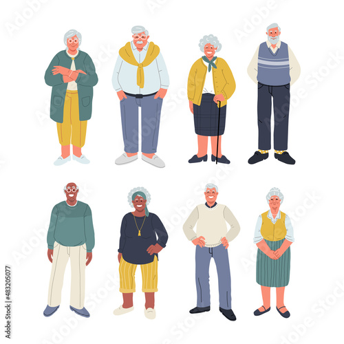 Group of seniors in casual clothes standing,smiling.Vector flat illustration
