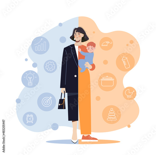 Life and work balance. Girl with child and briefcase in her hands. Successful character in all areas. Entrepreneur and housewife. Caring mother and serious boss. Cartoon flat vector illustration