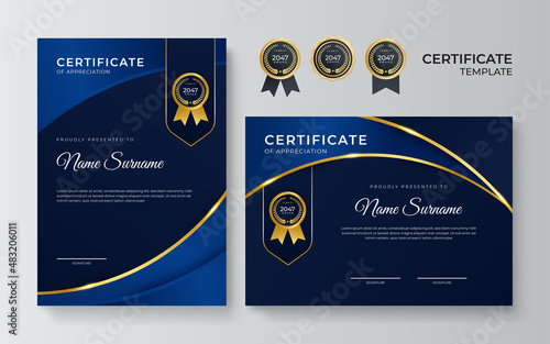 Blue and gold certificate of achievement border template with luxury badge and modern line pattern. For award, business, award, achievement and education needs