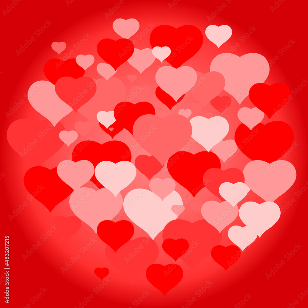 Hearts of various tones superimposed on a degraded red background