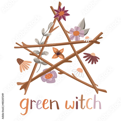Floral wiccan pentacle with saying green witch. Pagan symbol made of tree branches and flowers. 