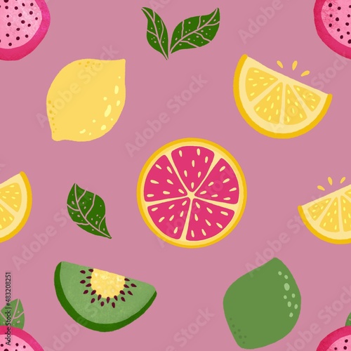 Seamless pattern with citrus fruits. Tropical background with fresh fruits  slices for textile, fabrics, socks, wrapping paper, packaging, apparel. Grapefruit, lemon, lime, kiwi, dragon fruit 