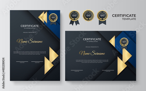 Blue black and gold certificate of achievement border template with luxury badge and modern line pattern. For award, business, award, achievement and education needs