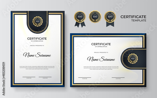 Blue and gold certificate of achievement border template with luxury badge and modern line pattern. For award, business, award, achievement and education needs