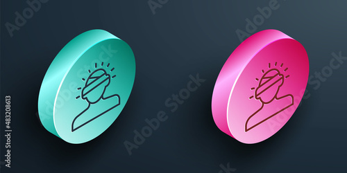 Isometric line Concussion, headache, dizziness, migraine icon isolated on black background. Turquoise and pink circle button. Vector