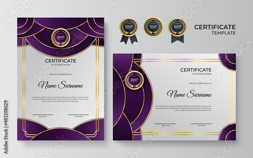 Blue and gold certificate of achievement border template with luxury badge and modern line pattern. For award, business, award, achievement and education needs