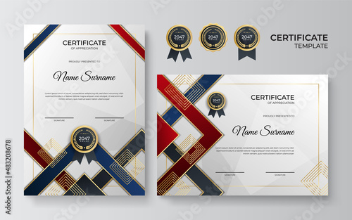 Blue red and gold certificate of achievement border template with luxury badge and modern line pattern. For award, business, award, achievement and education needs