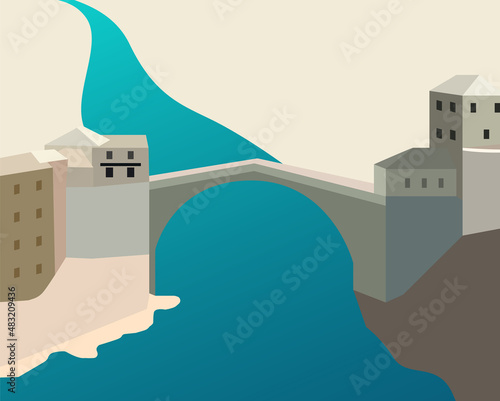 Old pedestrian arch bridge over the Neretva river in the city of Mostar, Bosnia and Herzegovina, vector illustration