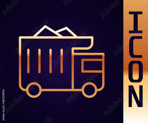 Gold line Large industrial mining dump truck icon isolated on black background. Big car. Vector