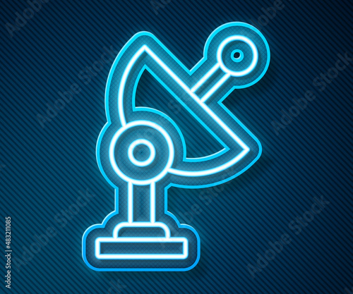 Glowing neon line Radar icon isolated on blue background. Search system. Satellite sign. Vector