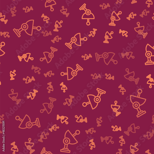 Brown line Radar icon isolated seamless pattern on red background. Search system. Satellite sign. Vector