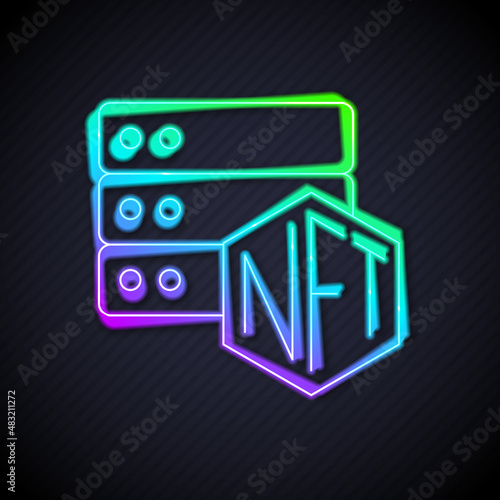 Glowing neon line NFT blockchain technology icon isolated on black background. Non fungible token. Digital crypto art concept. Vector