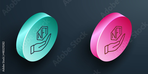 Isometric line NFT Digital crypto art icon isolated on black background. Non fungible token. Turquoise and pink circle button. Vector