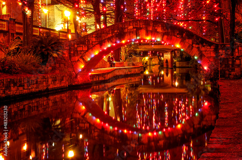 Christmas lights along the Riverwalk (Paseo del Rio);  San Antonio River; San Antonio;  Texas photo