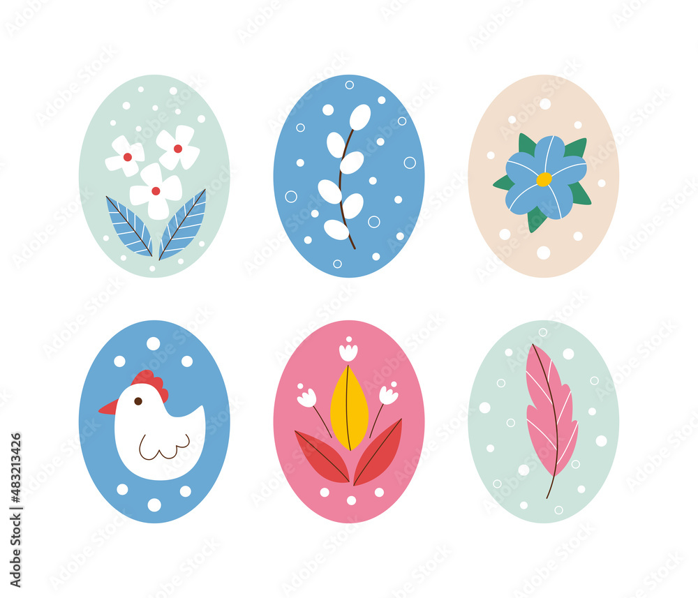 Cute hand painted Easter egg stickers. Abstract simple illustrations of Birds and flowers for holiday decoration Cute hand painted Easter egg stickers. Abstract simple illustrations of Birds and flowers for holiday decoration