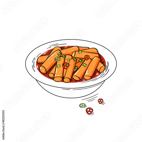Rice cakes tteokbokki in bowl with spicy sauce. Sketch vector illustration