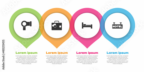 Set Hair dryer, Suitcase, Hotel room bed and Signboard with text. Business infographic template. Vector