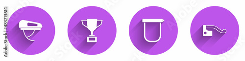 Set Bicycle helmet, Award cup with bicycle, lock and brake icon with long shadow. Vector