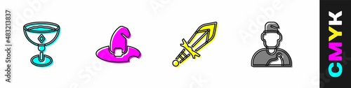 Set Medieval goblet, Witch hat, sword and Wizard warlock icon. Vector