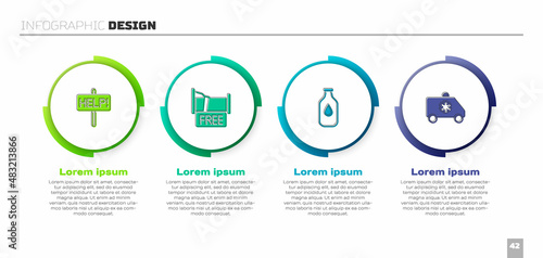 Set Help sign, Free overnight stay house, Bottle of water and Emergency car. Business infographic template. Vector