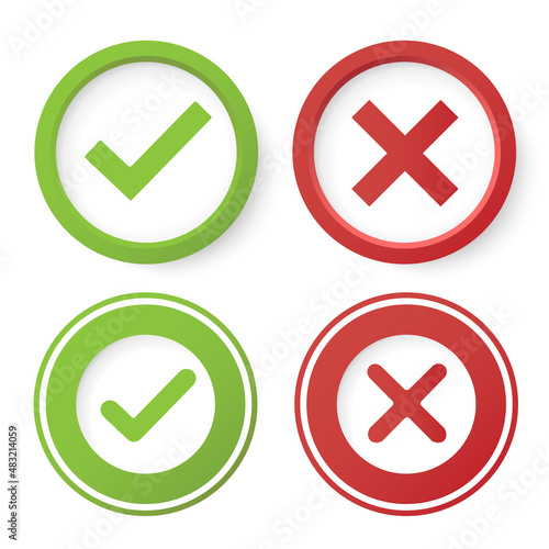 Correct and incorrect vector sign. Green Check mark sticker and red cross illustration