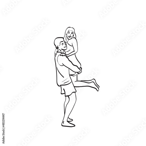 line art man carrying woman illustration vector hand drawn isolated on white background