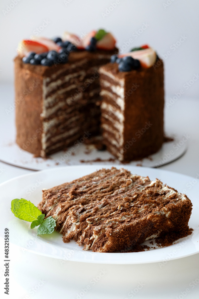Piece of multi-layered honey cake with fresh berries. Selective focus. Piece of multi-layered honey cake with fresh berries. Selective focus.