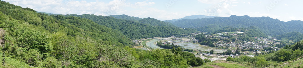 長野県生坂村スカイスポーツ公園から見た犀川の流れる里山の風景（パノラマ）