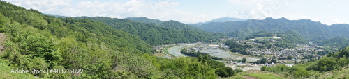 長野県生坂村スカイスポーツ公園から見た犀川の流れる里山の風景（パノラマ） © May.G