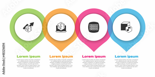 Set NFT growth bar chart, Laptop with store app, Binary code and Digital crypto. Business infographic template. Vector