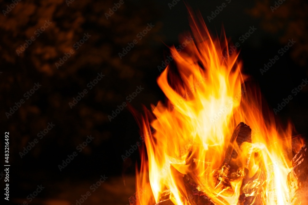 Fototapeta premium Bright glowing outdoor campfire in fall