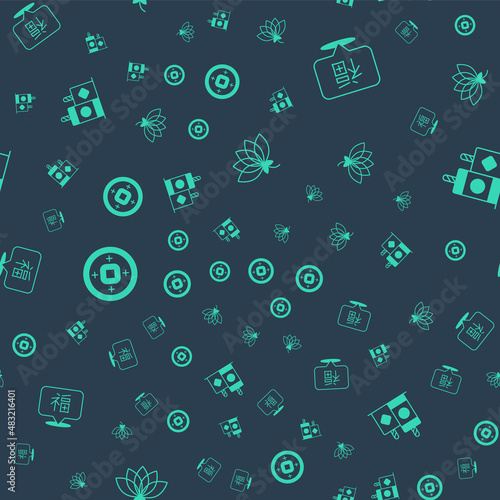 Set Lotus flower, Chinese New Year, Yuan currency and Firework on seamless pattern. Vector