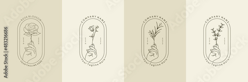 Floral logo collection in minimal and feminine style. Creative line art floral logo template for design studio, spa, wedding, florist, beauty and fashion. Hand and leaves floral logo set