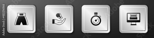 Set Boxing short, glove, Stopwatch and ring icon. Silver square button. Vector