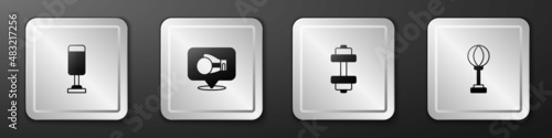 Set Punching bag, Boxing glove, Dumbbell and icon. Silver square button. Vector