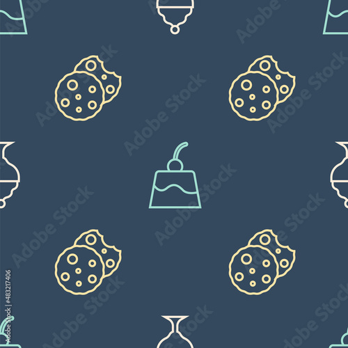 Set line Ice cream in bowl, Cookie or biscuit and Pudding custard on seamless pattern. Vector