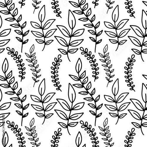Hand drawn vector outline leaves seamless pattern. Doodle print with floral leaves isolated on white. Ink beautiful nature ornament for fabric, wrapping and textile. Adult and kids coloring page