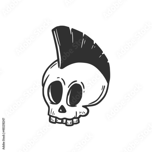Hand drawn skull head with punk hair. Doodle sketch style. Drawing line simple skull icon. Isolated vector illustration.