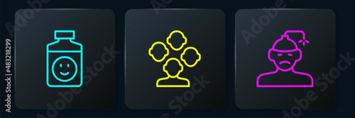 Set line Antidepressants, Concussion, headache and Schizophrenia. Black square button. Vector