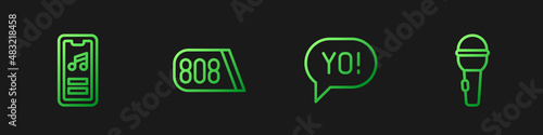 Set line Yo slang lettering, Music player, Drum machine music and Microphone. Gradient color icons. Vector