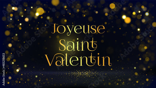 carte ou bandeau pour une joyeuse saint Valentin en or sur un fond noir avec des ronds de couleur or en effet bokeh