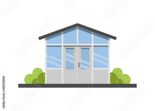 Small building with metal and glass wall. Simple flat illustration.