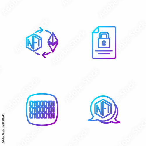 Set line NFT Digital crypto art, Binary code, Ethereum exchange and Document and lock. Gradient color icons. Vector