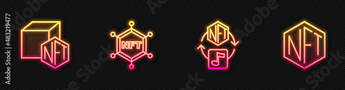 Set line NFT Digital crypto art, blockchain technology and . Glowing neon icon. Vector