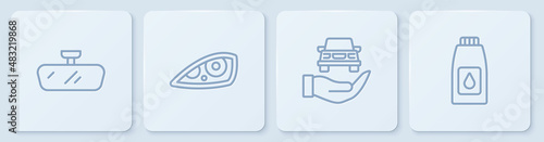 Set line Car mirror, Auto service check automotive, headlight and Canister for motor machine oil. White square button. Vector