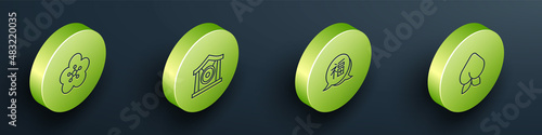 Set Isometric line Lotus flower, Gong musical instrument, Chinese New Year and Peach fruit or nectarine icon. Vector